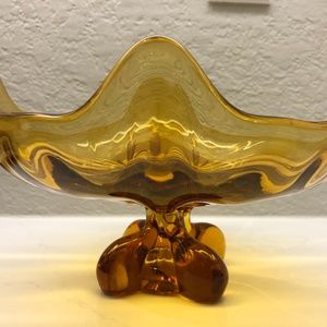 Vintage Viking Art Glass Yellow 10" Diameter 4 Sid